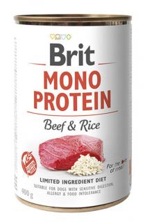 Brit Mono Protein - Beef  Rice konzerva 400g (100% ČISTÝ HOVĚZÍ PROTEIN S RÝŽÍ. Receptura s obsahem jednoho proteinu je vhodná ke snížení rizika alergií a potravinové intolerance. Kompletní krmivo pro psy.)