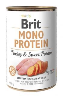 Brit Mono Protein - Turkey  Sweet Potato konzerva 400g (100% ČISTÝ KRŮTÍ PROTEIN SE SLADKÝMI BRAMBORAMI. Receptura s obsahem jednoho proteinu je vhodná ke snížení rizika alergií a potravinové intolerance. Kompletní krmivo pro psy.)