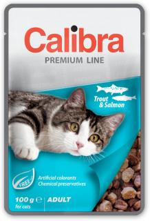 Calibra Cat kapsa Premium Adult Trout  Salmon 100g (Kompletní krmivo pro dospělé kočky se pstruhem a lososem v omáčce.)