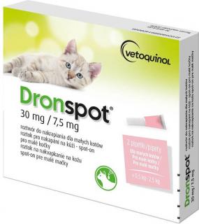 Dronspot Cat 30mg/7,5mg spot-on 2x0,35ml (Roztok pro nakapání na kůži k léčbě parazitárních infekcí (škrkavky, tasemnice) u koček - spot-on pro malé kočky (0,5-2,5kg).)