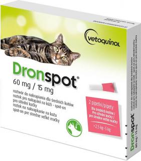 Dronspot Cat 60mg/15mg spot-on 2x0,7ml (Roztok pro nakapání na kůži k léčbě parazitárních infekcí (škrkavky, tasemnice) u koček - spot-on pro střední kočky (2,5-5kg).)