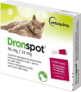 Dronspot Cat 96mg/24mg spot-on 2x1,12ml (Roztok pro nakapání na kůži k léčbě parazitárních infekcí (škrkavky, tasemnice) u koček - spot-on pro velké kočky (5-8kg).)