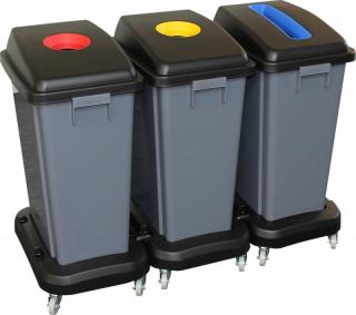 Sestava odpadkových košů na tříděný odpad 3x60 l, na kolečkách, plast