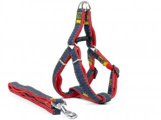 Jeans riflový postroj pro psa s vodítkem | 23 – 63 cm Barva: Červená, Obvod hrudníku: 32 - 46 cm