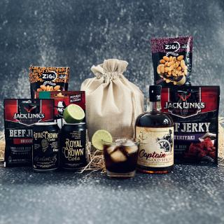 Dárkový BOXík pytel s Captain Gold Spiced 35% 0,7 l (mix sušeného masa a drink)