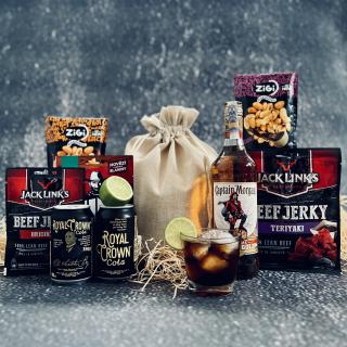 Dárkový BOXík pytel s Captain Morgan Spiced Gold 35% 0,7 l (mix sušeného masa a drink)
