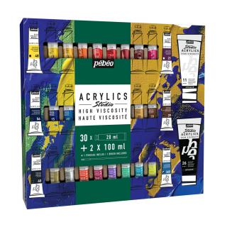 Sada akrylových barev Studio acrylic - Pebeo počet ks: 30x20 ml + 2x100 ml (Titanium white, Mars black)