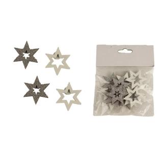 DEKORACE - hvězda k nalepení, 12ks, 3,8 cm - bílá, stříbrná