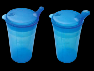 Hrnek se dvěma víčky s krátkými náustky, nápoje, pokrmy, 250 ml, různé barvy -: Modrá