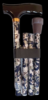 Skládací podpůrná hůl s dřevěnou rukojetí, 85 - 95 cm, květinová modrá