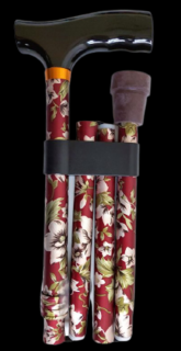 Skládací podpůrná hůl s dřevěnou rukojetí, 85 - 95 cm, květinová tmavě červená