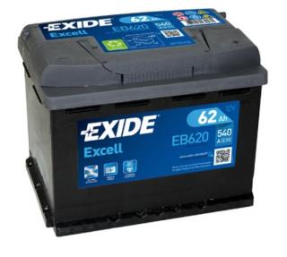 Exide Excell 12V 62Ah 540A EB620  nabitá autobaterie + Reflexní přívěsek FOOT + možný výkup staré baterie při doručení nebo v prodejně Jinočany