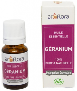 AROFLORA Éterický olej BIO Geranium 10 ml. (Čistí a regeneruje. Široce se používá v případě kožních problémů: kvasinek, ekzémů, pásového oparu, akné. Odhání komáry.)