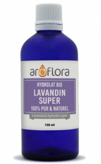 AROFLORA Hydrolát BIO Lavandin Super 100 ml. (Uklidňující vlastnosti pro tělo i mysl. Hojení podporuje hojení ran na lehkých ranách a akné. Repelent proti hmyzu, pomáhá odpuzovat komáry, blechy a vši.)