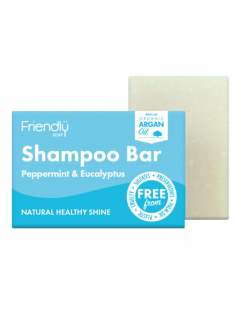 FRIENDLY SOAP Šampon tuhý Máta peprmintová a Eukalyptus 95 gr. (Osvěžující šamponové mýdlo, které je dobré pro vaši pokožku hlavy a vlasy a která pomocí přirozeně upraveného organického arganu pomáhá vyhrát válku proti nezvládnutelným vlasům.)