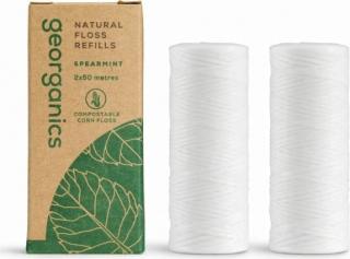 GEORGANICS Zubní niť mátová 2 x 50m - 1 ks (Náhradní náplň. Kompostovatelné, veganské a přírodní - zubní nit je vyrobena z kukuřičného PLA naplněného voskem candelilla a éterickým olejem z máty peprné. Perfektní pro každodenní použití k odstranění zbytků)