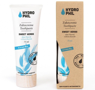 HYDROPHIL Eukalyptová zubní pasta s vitamínem B12 - 75 ml (Kompozice aktivních ingrediencí posílí zubní sklovinu, chrání dásně a celkové zdraví ústní dutiny. Pasta je obohacená o vitamín B12 a nenajdete v ní žádné mikroplasty, parabeny, silikony či)