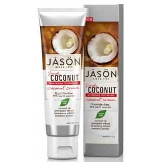 JASON Zubní pasta bělící Simply coconut - 125 gr. (Ananas, jahody a bambusový prášek. Bělicí pasta vám při pravidelném používání zajistí zářivý úsměv. Spoléhá na dezinfekční a bělicí sílu kokosového oleje a ovocných enzymů.)