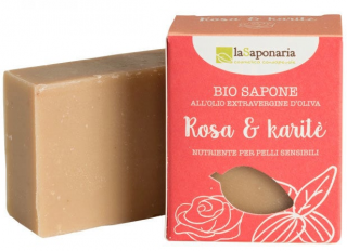LASAPONARIA Olivové mýdlo Růžový olej a bambucké máslo 100 gr. (Přírodní ručně vyráběné z panenského olivového oleje. Pro suchou a zralou pokožku. Zvláčňující a zklidňující.)