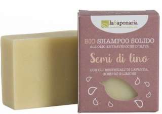 LASAPONARIA Tuhý šampon se lněným olejem BIO 100 gr. (Kombinace levandule, rozmarýnu a jalovce má zklidňující účinek na pokožku hlavy. Citron zbaví vlasy nečistot, mastnoty a podpoří jejich přirozený lesk.)