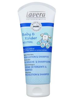 LAVERA Baby  Kinder Neutral Tělový a vlasový šampon BIO 200ml (Ultra jemný. Bez parfemace. Použitelné při neurodermatitidě. Šetrně mytí jemných dětských vlásků. 200 ml. Lavera . S bio pupalkovým olejem a bio aloe vera)