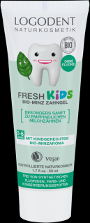 LOGONA Dětský zubní gel Fresh Kids MÁTA 50 ml. (Pěstí citlivé mléčné zuby, druhé zuby a dásně. Bez fluoridu.)