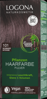 LOGONA rostlinná Barva na vlasy 101 Intenzivní černá 100 gr. (Vhodná pro hnědé až tmavě hnědé vlasy.)