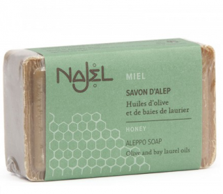 NAJEL Syrské mýdlo z Aleppo s Medem 12% - 100 gr. (Aleppské mýdlo ze Sýrie. Vyživující, zjemňující a opravující péče, med podporuje hydrataci pokožky, chrání ji a uklidňuje podráždění.)