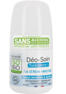 SO´BIO étic Deodorant přírodní 24h Tolerance+ s aloe vera 50 ml. (Deodorant s celodenní účinností určený pro citlivou pokožku i po holení nebo depilaci.)