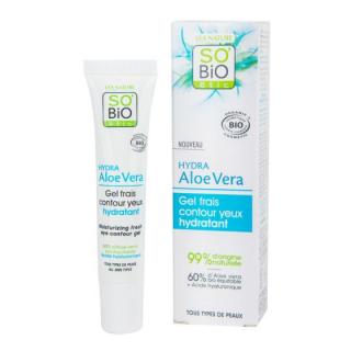SO´BIO étic Gel oční Aloe vera 15 ml. (Lehký vodný zcela průsvitný gel s obsahem 60 % aloe vera a kyseliny hyaluronové pro osvěžení, hydrataci a redukci tmavých kruhů.)