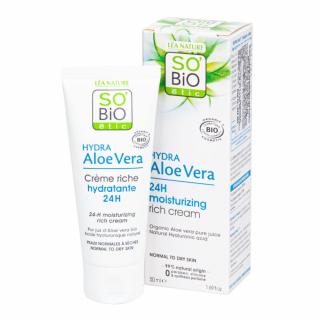 SO´BIO étic Krém bohatě hydratující 24 hodin s Aloe Vera 50 ml. (Bambuckým máslem a kyselinou hyaluronovou. Bohatě hydratující denní krém je vhodný pro suchou a citlivou pleť. Obsahuje hydratační šťávu z aloe vera a výživné bambucké máslo, které v pokožce