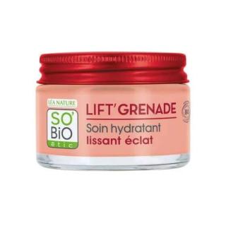 SO´BIO étic Krém denní rozjasňující proti vráskám Lift'Grenade 50 ml. (Tento pečující přípravek obsahuje duo složek přírodního původu: organické granátové jablko, které zvyšuje zářivost pleti, a rostlinnou alternativu retinolu, který účinně působí na)