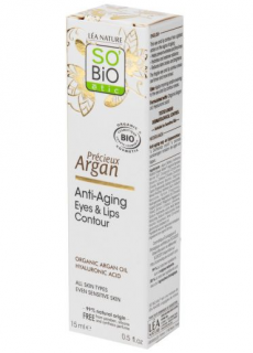 SO´BIO étic Krém na okolí očí a rtů Anti age Precieux argan 15 ml. (5 v 1. Zpevňuje, hydratuje, regeneruje a aktivně pečuje o okolí očí a rtů, tedy obličejové partie, na kterých jdou první známky stárnutí vidět nejdříve. Obsahuje regenerační arganový olej