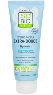 SO´BIO étic Krém na ruce Extra jemný hydratační s aloe vera 75 ml. (Krém pro intenzivní hydrataci pokožky ruku. Certifikované přírodní složení s obsahem aloe vera a kyseliny hyaluronové uhasí žízeň všech typů kůže, včetně nejcitlivější pokožky.)