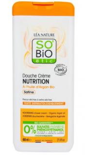 SO´BIO étic Krém sprchový NUTRITION s arganovým olejem 650 ml. (Pro potřeby suché a extrémně suché pokožky. Díky složení bez sulfátů citlivě čistí a chrání pokožku před vysoušením během mytí. Obsahuje organický arganový olej uznávaný pro své vyživující a)