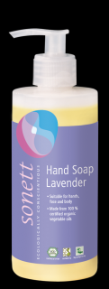 SONETT Tekuté mýdlo Levandule - 300 ml. (Jemné tekuté mýdlo na mytí rukou s příjemnou vůní rozmarýnu. S BIO éterickými oleji z rozmarýnu, šalvěje, bergamotu, levandule a tymiánu.)