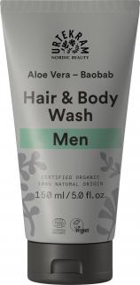 URTEKRAM Sprchový gel a Šampon MEN - 150 ml. (Šampon na vlasy a tělo MEN s čerstvou mužskou vůní jalovce obsahuje silnou kombinaci organického baobabu, lékořice a aloe vera.)