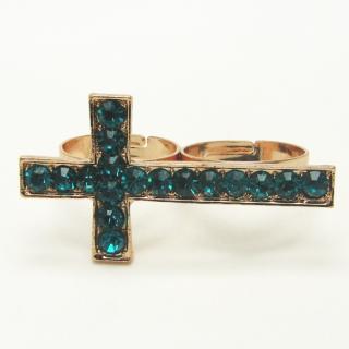 Kříž, dvojitý prsten s kamínky, tyrkysový, 17mm