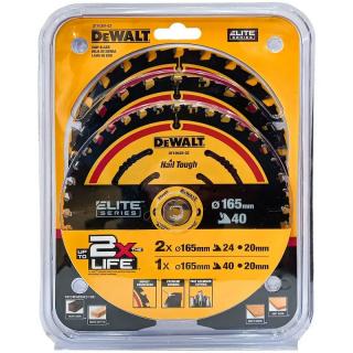 DT10397 DeWALT ELITE 3x Kotouč na dřevo 165 mm x 20mm 24 / 40 zubů (2× DT10624 a 1× DT10640)