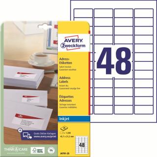 Adresní etikety pro Inkjet | Avery Zweckform J4791-25 | 45,7x21,2 mm, 25xA4, 1.200 ks, bílá