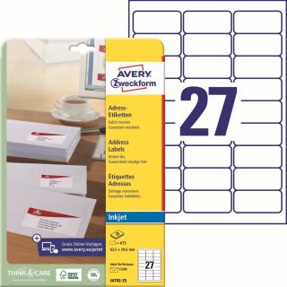 Adresní etikety pro Inkjet | Avery Zweckform J4792-25 | 63,5x29,6 mm, 25xA4, 675 ks, bílá
