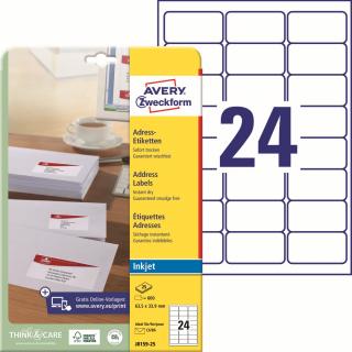 Adresní etikety pro Inkjet | Avery Zweckform J8159-25 | 63,5x33,9 mm, 25xA4, 600 ks, bílá