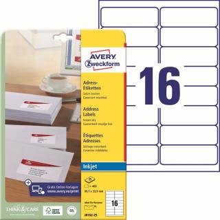 Adresní etikety pro Inkjet | Avery Zweckform J8162-25 | 99,1x33,9 mm, 25xA4, 400 ks, bílá