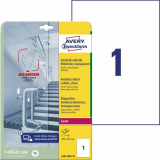 Antimikrobiální etikety | Avery Zweckform L8011REV-10 | 210x297 mm, 10xA4, 10 ks, transparentní
