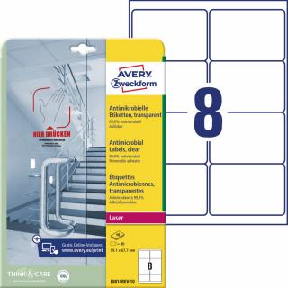 Antimikrobiální etikety | Avery Zweckform L8014REV-10 | 99,1x67,7 mm, 10xA4, 80 ks, transparentní