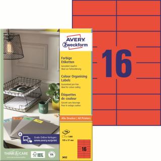 Avery Zweckform 3452 Barevné etikety | 105x37 mm, 1.600 ks, 100xA4, červené