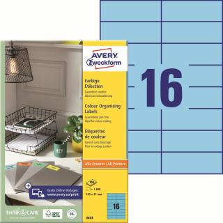 Avery Zweckform 3453 Barevné etikety | 105x37 mm, 1.600 ks, 100xA4, modré