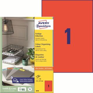 Avery Zweckform 3470 Barevné etikety A4 | 210x297 mm, 100 ks, červené