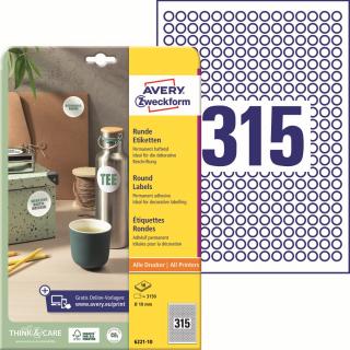 Avery Zweckform 6221-10 Kulaté etikety | Ø 10 mm, 3.150 ks, 10xA4