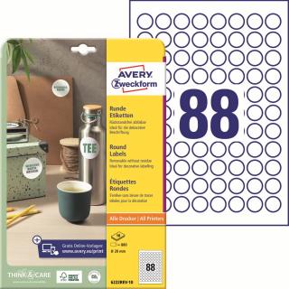 Avery Zweckform 6222REV-10 Kulaté etikety | Ø 20 mm, 880 ks, 10xA4